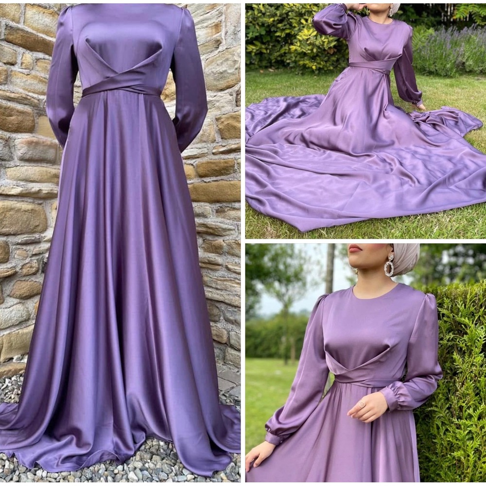 Purple Satin Maxi Dress Long Sleeve‎ High Waist Tie Formal Gown Romantic Cottage - Picture 4 of 7
